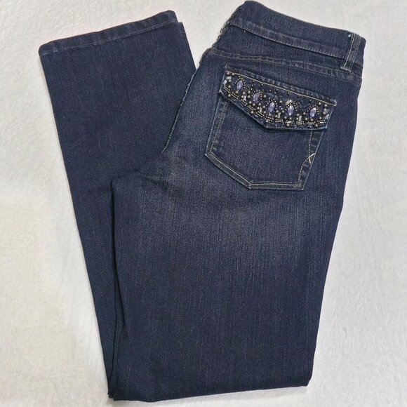 White House Black Market ✦ Rhinestone Crop Jeans ✦ Embellished Pockets Dark Wash - Picture 6 of 12